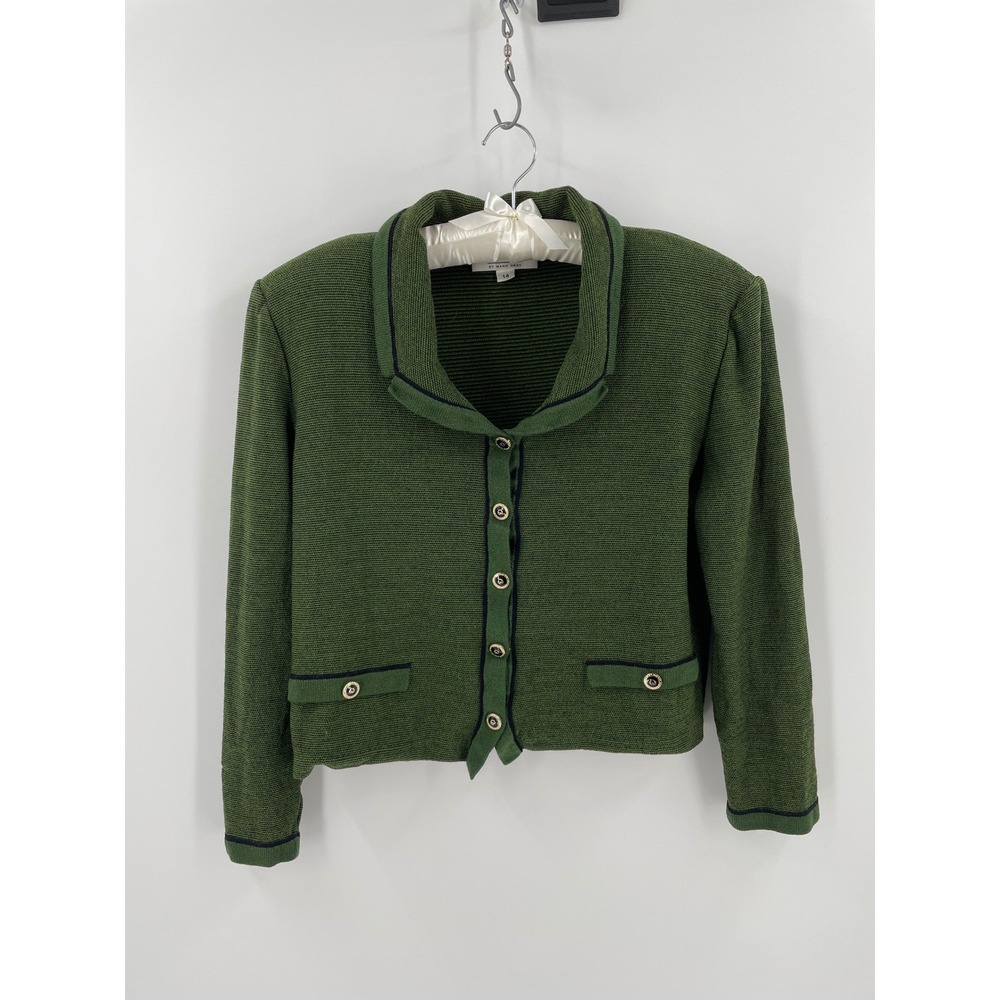 Vintage St John Collection Marie Gray Olive Black Knit Jacket Womens 14 USA Made